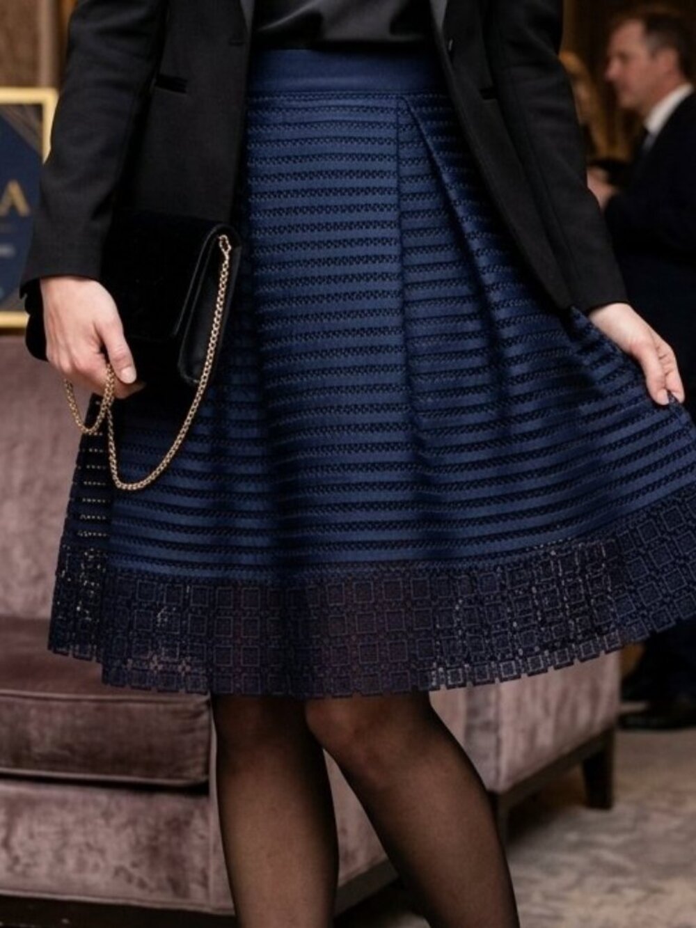 Ted Baker London Lotee Navy Blue Lace Mini Evening Dressy Skirt Pleated Size 1